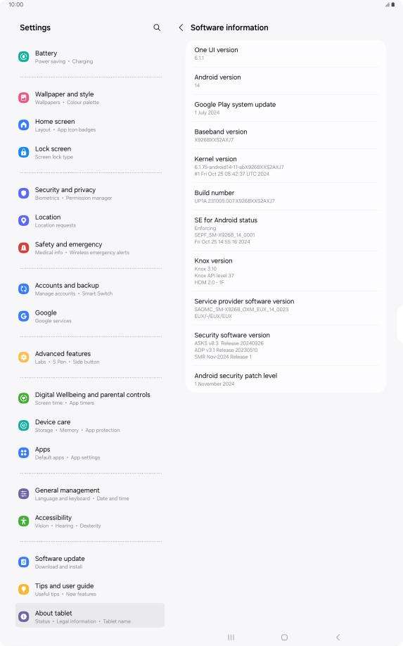 Your tablet's software version is displayed below Android version.