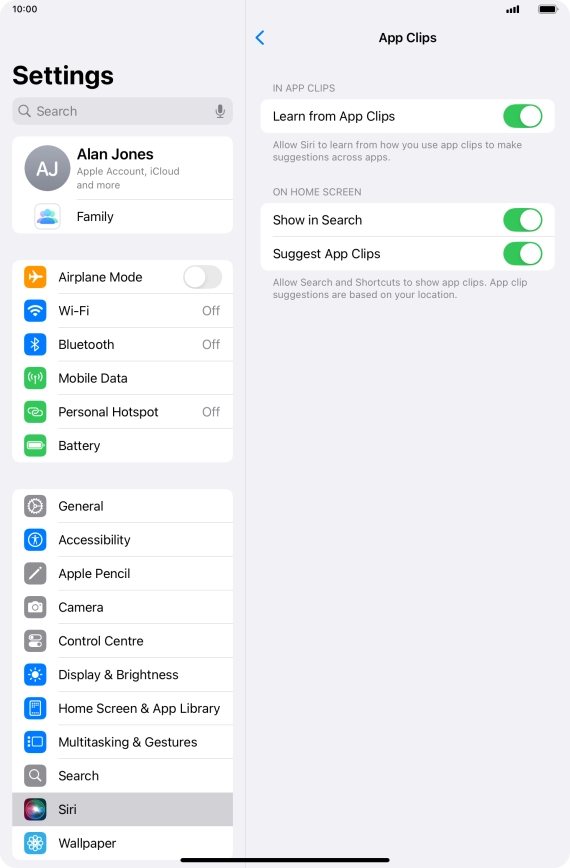 Press the indicators next to the required settings to turn them on or off.