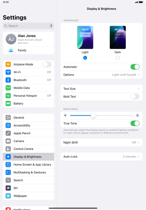 If you turn on the function, press Options and follow the instructions on the screen to select the required period of time for Dark Mode.