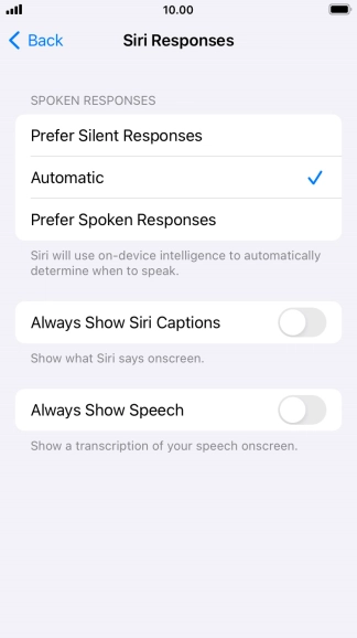 Press the required setting.
