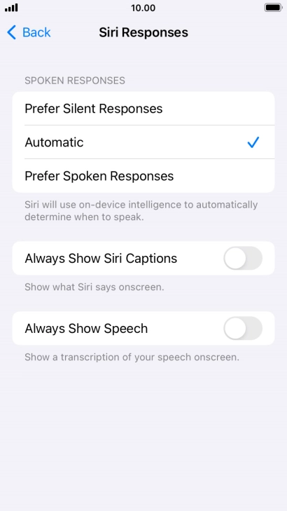 Press the required setting.