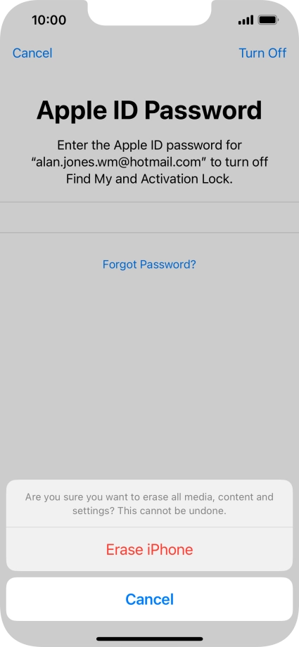 Key in the password for your Apple ID and press Erase iPhone. Wait a moment while the factory default settings are restored. Follow the instructions on the screen to set up your phone and prepare it for use.