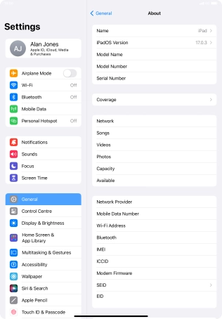 Your tablet's EID number is displayed below EID.