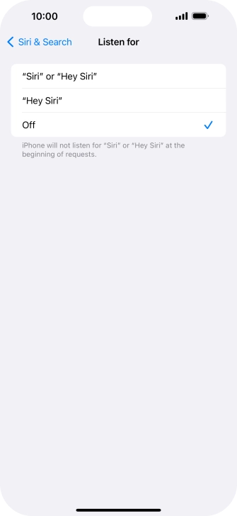 Press the required setting to turn the function on or off. If you turn on the function, you need to follow the instructions on the screen to set up Siri to recognise your voice. Press the required setting to turn the function on or off. If you turn on the function, you need to follow the instructions on the screen to set up Siri to recognise your voice.