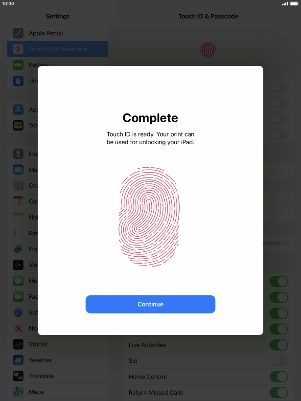 Press Continue. If you haven't previously selected a lock code, key in a code of your own choice twice.
