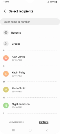 Press the search field and key in the first letters of the recipient's name. Press the search field and key in the first letters of the recipient's name.
