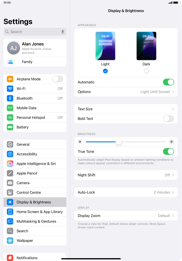 If you turn on the function, press Options and follow the instructions on the screen to select the required period of time for Dark Mode.
