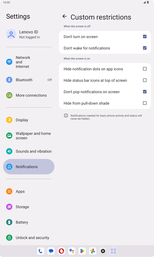 Press the fields next to the required settings to turn display of the selected notification types on or off.