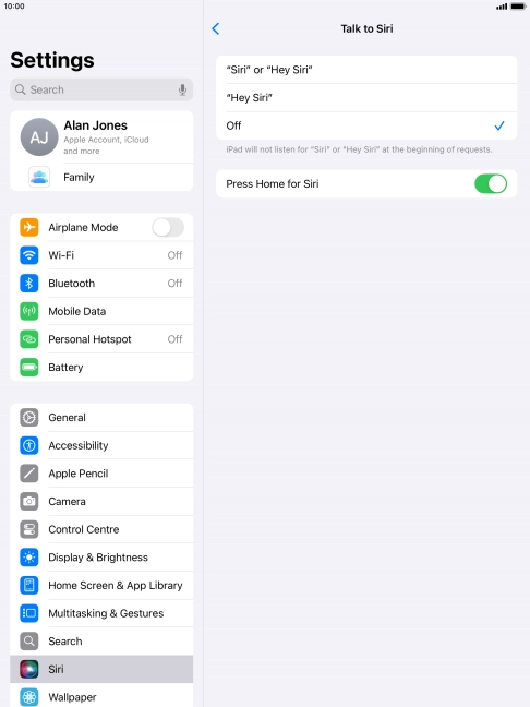 Press the required setting to turn the function on or off. If you turn on the function, you need to follow the instructions on the screen to set up Siri to recognise your voice.