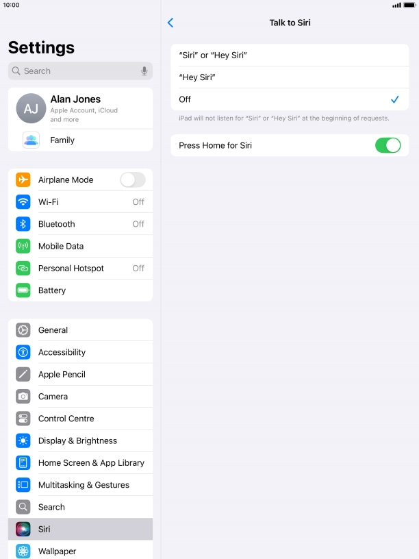 Press the required setting to turn the function on or off. If you turn on the function, you need to follow the instructions on the screen to set up Siri to recognise your voice.