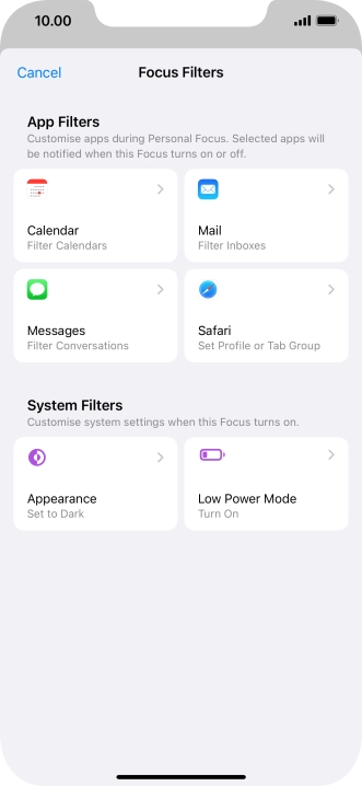 To see specific calendars in the selected focus mode, press Calendar and follow the instructions on the screen to select the required calendars.