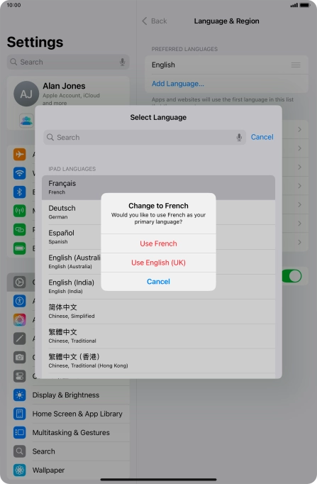 To select the new language as the default tablet language, press Use ‹language›.
