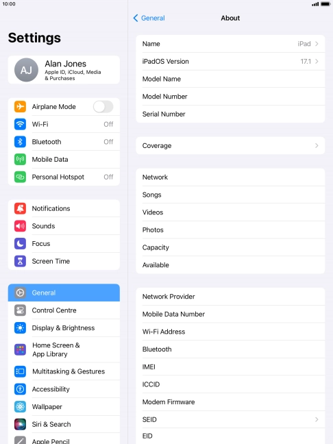 Your tablet's EID number is displayed below EID.
