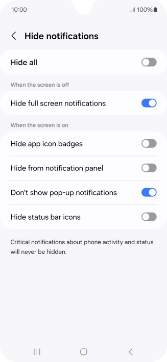Press the indicators next to the required settings to turn display of the selected notification types on or off.