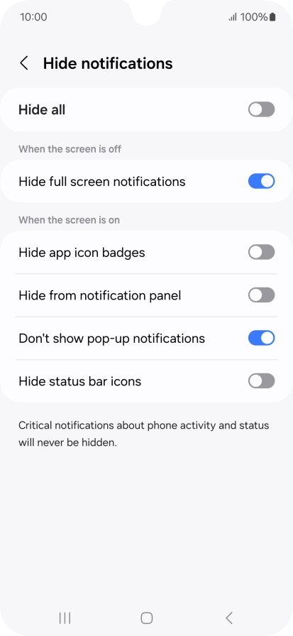 Press the indicators next to the required settings to turn display of the selected notification types on or off.