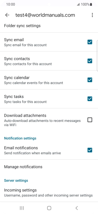 Press the fields next to the required data types to turn synchronisation on or off.