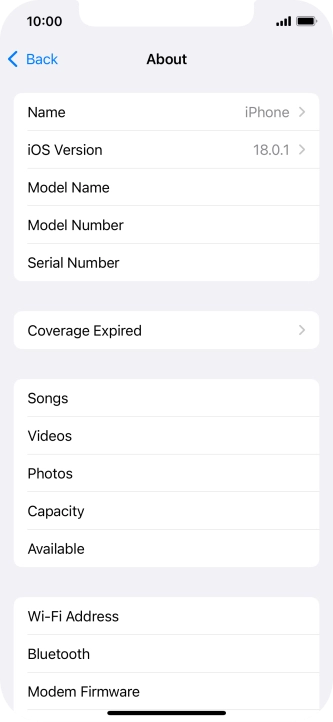 Your phone's software version is displayed next to iOS Version.