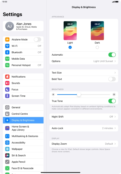 If you turn on the function, press Options and follow the instructions on the screen to select the required period of time for Dark Mode.
