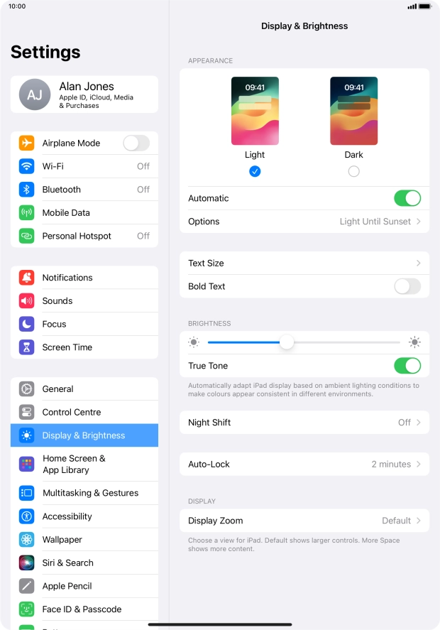 If you turn on the function, press Options and follow the instructions on the screen to select the required period of time for Dark Mode.