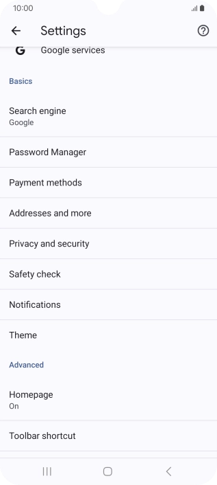 Press Privacy and security.