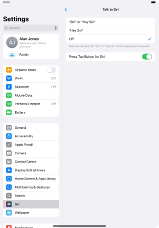 Press the required setting to turn the function on or off. If you turn on the function, you need to follow the instructions on the screen to set up Siri to recognise your voice.