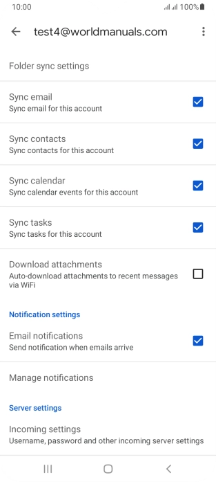 Press the fields next to the required data types to turn synchronisation on or off.