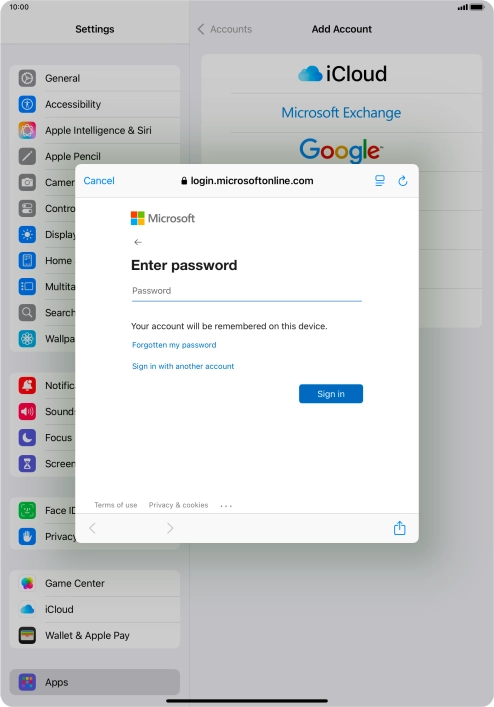 Press Password and key in the password for your email account.
