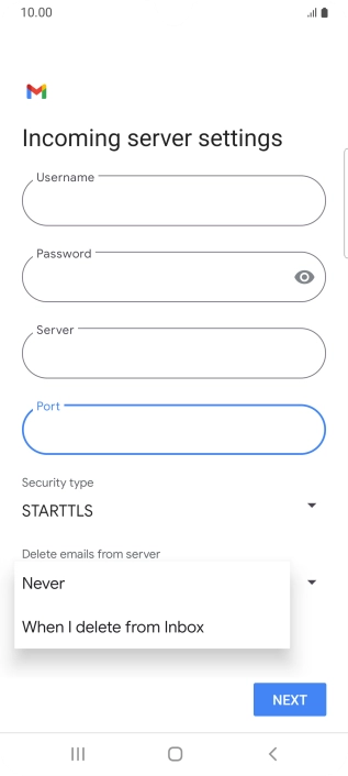 Press Never to keep email messages on the server when you delete them on your phone. Press Never to keep email messages on the server when you delete them on your phone.