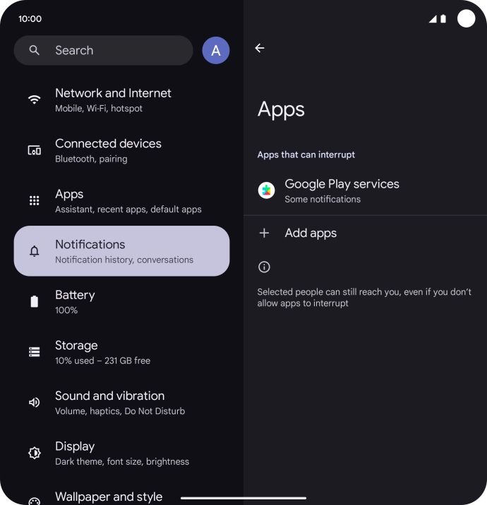 Press Add apps and follow the instructions on the screen to select which apps you would like to receive notifications from when Do Not Disturb is turned on.