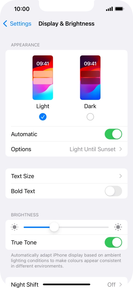 If you turn on the function, press Options and follow the instructions on the screen to select the required period of time for Dark Mode.