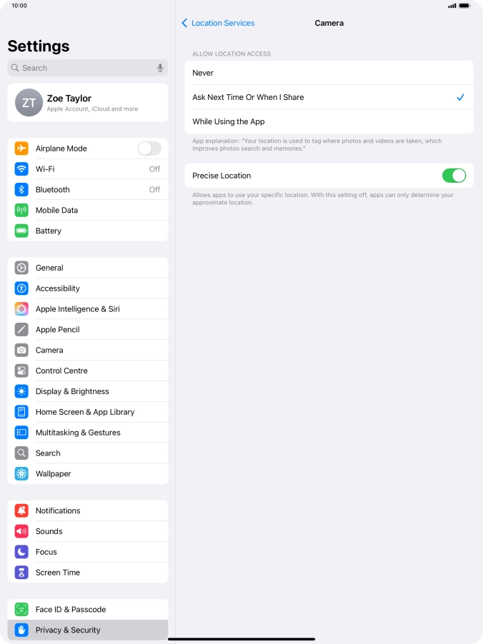Press the required setting to turn the function on or off.