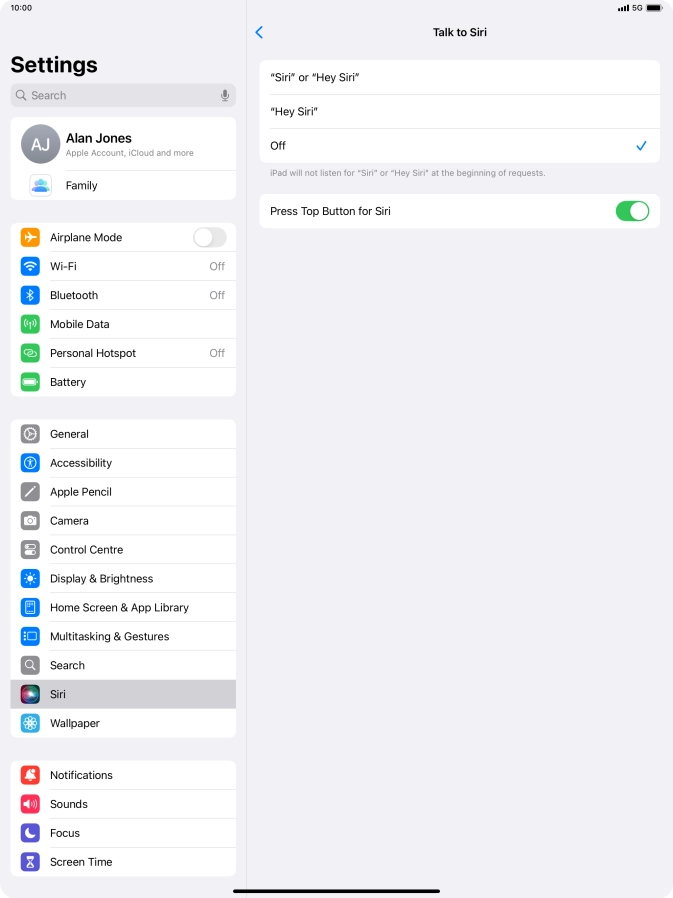Press the required setting to turn the function on or off. If you turn on the function, you need to follow the instructions on the screen to set up Siri to recognise your voice.
