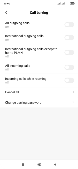 Press the indicator next to the required barring type.