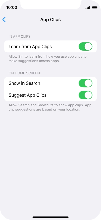 Press the indicators next to the required settings to turn them on or off.