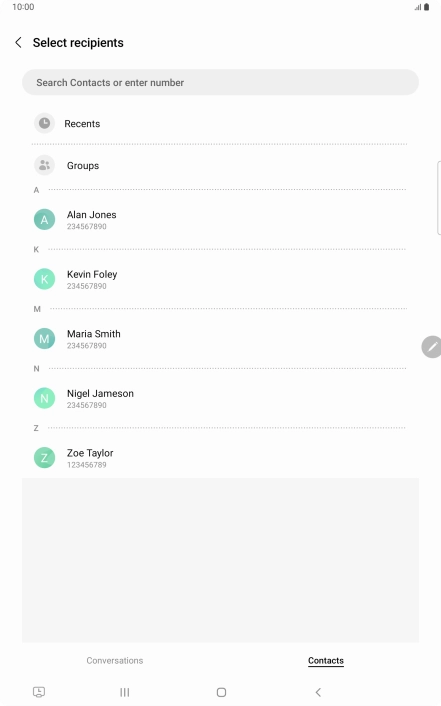 Press the search field and key in the first letters of the recipient's name.