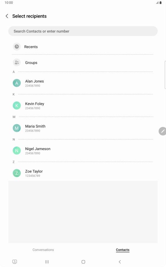 Press the search field and key in the first letters of the recipient's name.