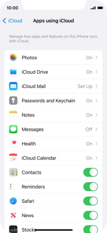 Press the indicators next to the required data types to turn synchronisation of each data type on or off.