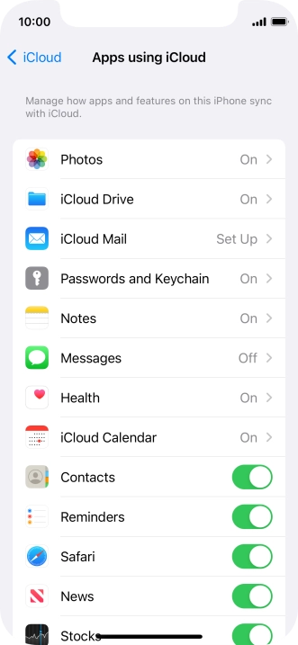 Press the indicators next to the required data types to turn synchronisation of each data type on or off.