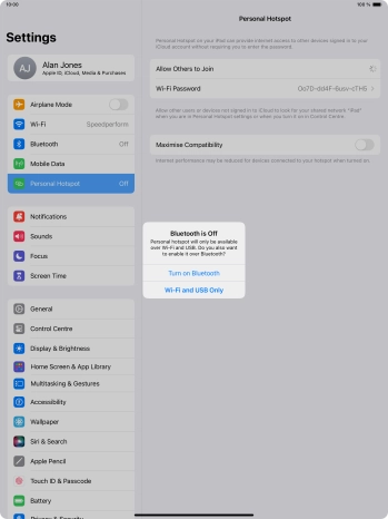 If Wi-Fi is turned on, press Wi-Fi and USB Only.