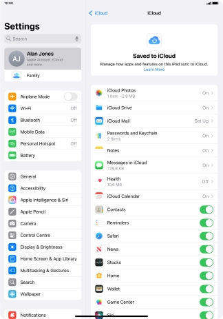 Press the indicators next to the required data types to turn synchronisation of each data type on or off.