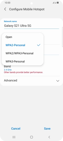 Press WPA2-Personal to password protect your Wi-Fi hotspot. Press WPA2-Personal to password protect your Wi-Fi hotspot.