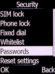 Select Passwords and press the Left selection key.