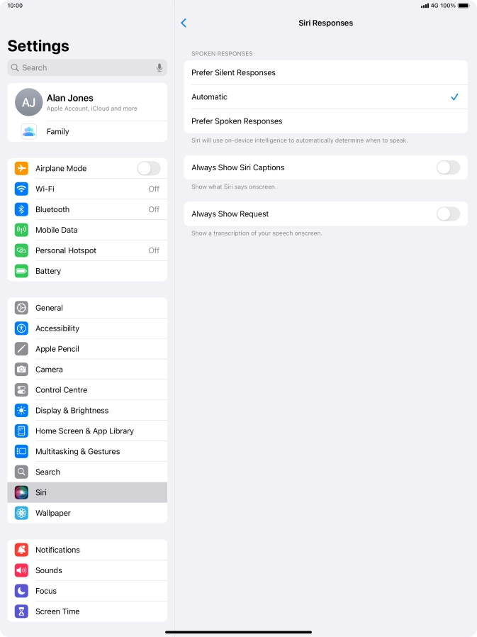 Press the required setting.