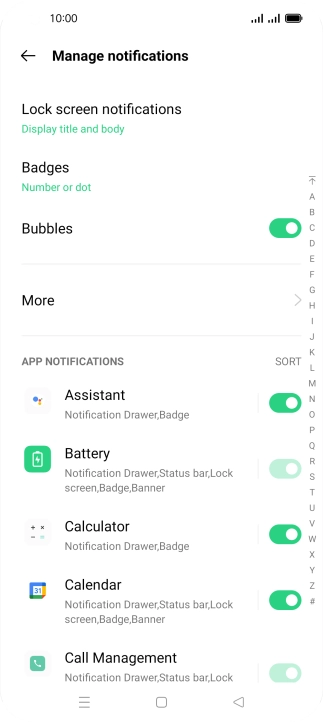 Press the indicators next to the required apps to turn the function on or off.
