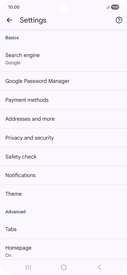 Press Privacy and security.