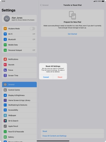 Press Reset. Wait a moment while the factory default settings are restored. Follow the instructions on the screen to set up your tablet and prepare it for use.