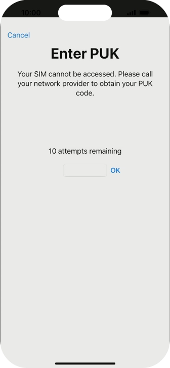 Key in the PUK and press OK.