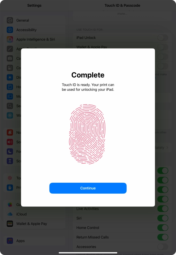 Press Continue. If you haven't previously selected a lock code, key in a code of your own choice twice.