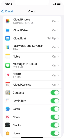Press the indicators next to the required data types to turn synchronisation of each data type on or off.