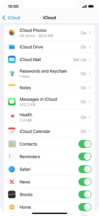 Press the indicators next to the required data types to turn synchronisation of each data type on or off.